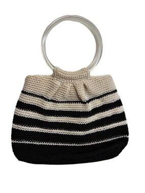 Striped Crochet Handbag with Clear Ring Handles - Black & Cream
